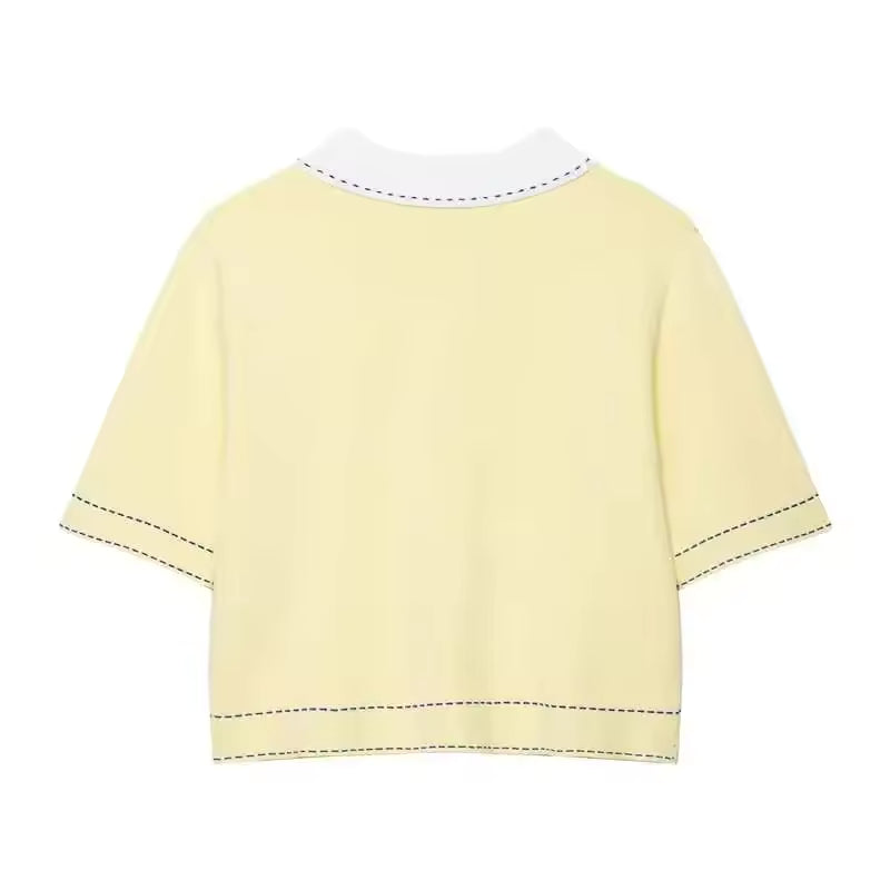 Contrast Collar Button-Up Knit Top