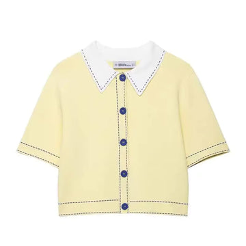 Contrast Collar Button-Up Knit Top